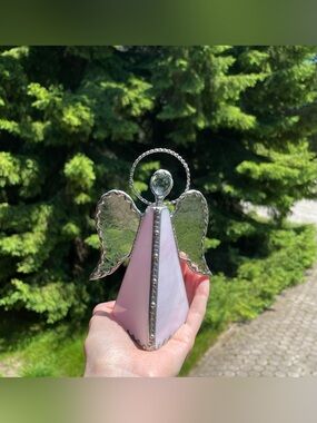 Pink Stained Glass Angel Figurine | Suncatcher Glass Art Decor